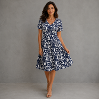 Vestido Azul Marino con Estampado de Hojas para Mujer