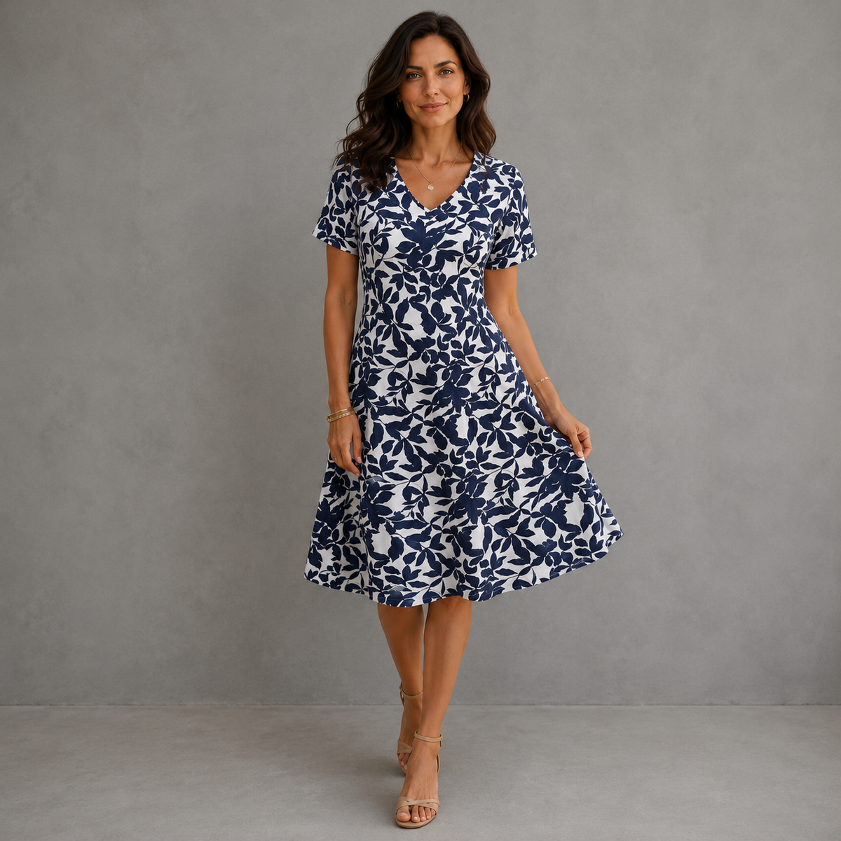 Vestido Azul Marino con Estampado de Hojas para Mujer