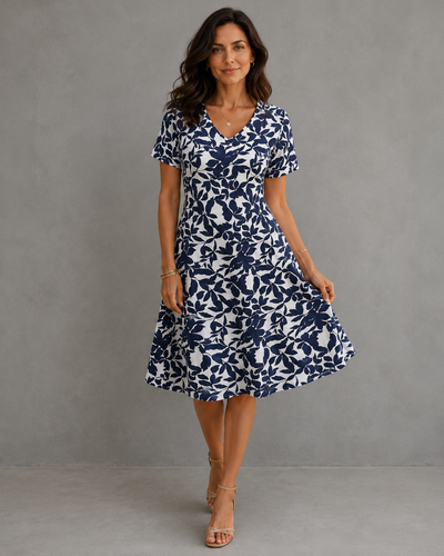Vestido Azul Marino con Estampado de Hojas para Mujer