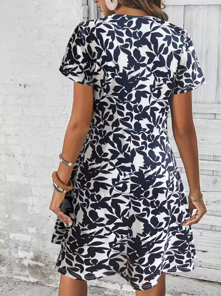 Vestido Azul Marino con Estampado de Hojas para Mujer
