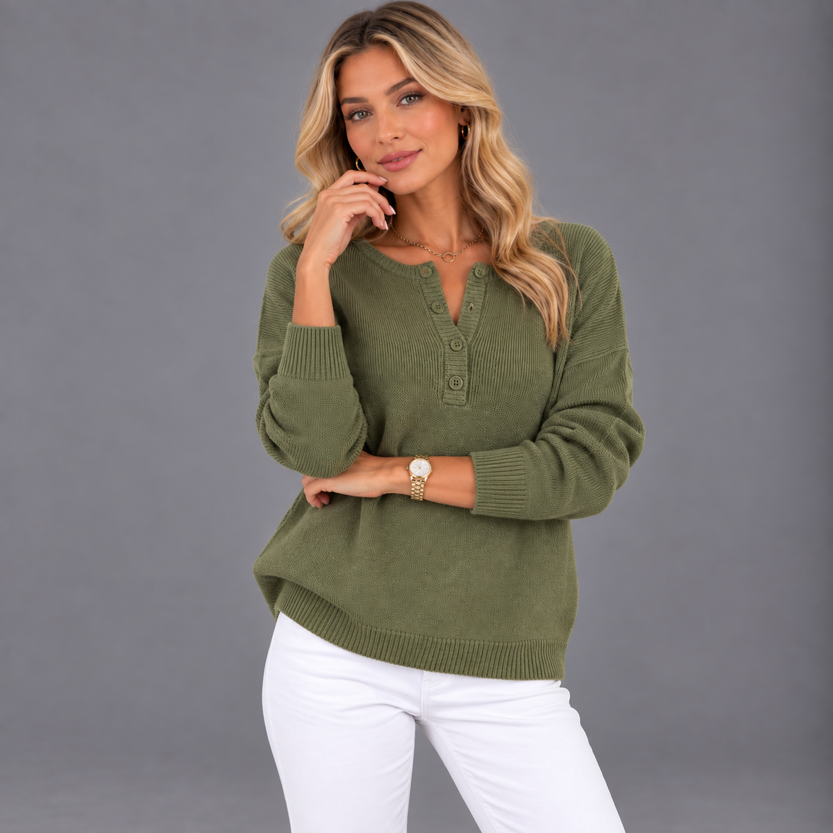 Helena™ | Jersey de punto con cuello Henley y botones