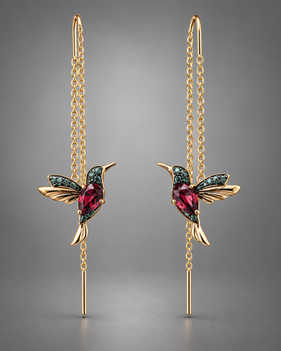 Pendientes con colibrí esmaltado y circonitas