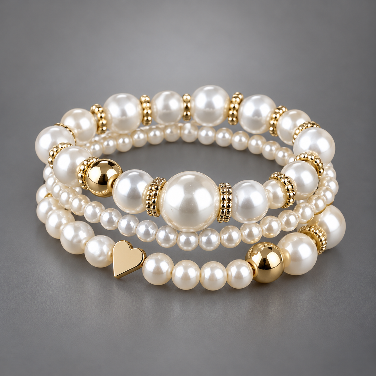 Conjunto de elegantes pulseras en forma de corazón con perlas
