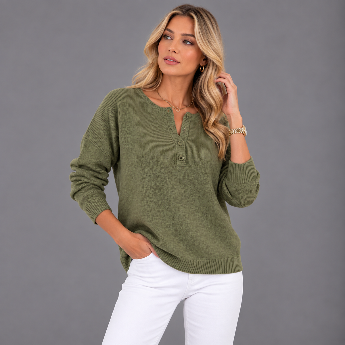 Helena™ | Jersey de punto con cuello Henley y botones